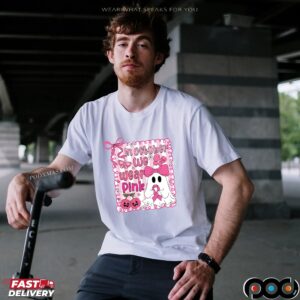 In October We Wear Pink Breast Cancer Awareness Halloween Pink Ghost Shirt