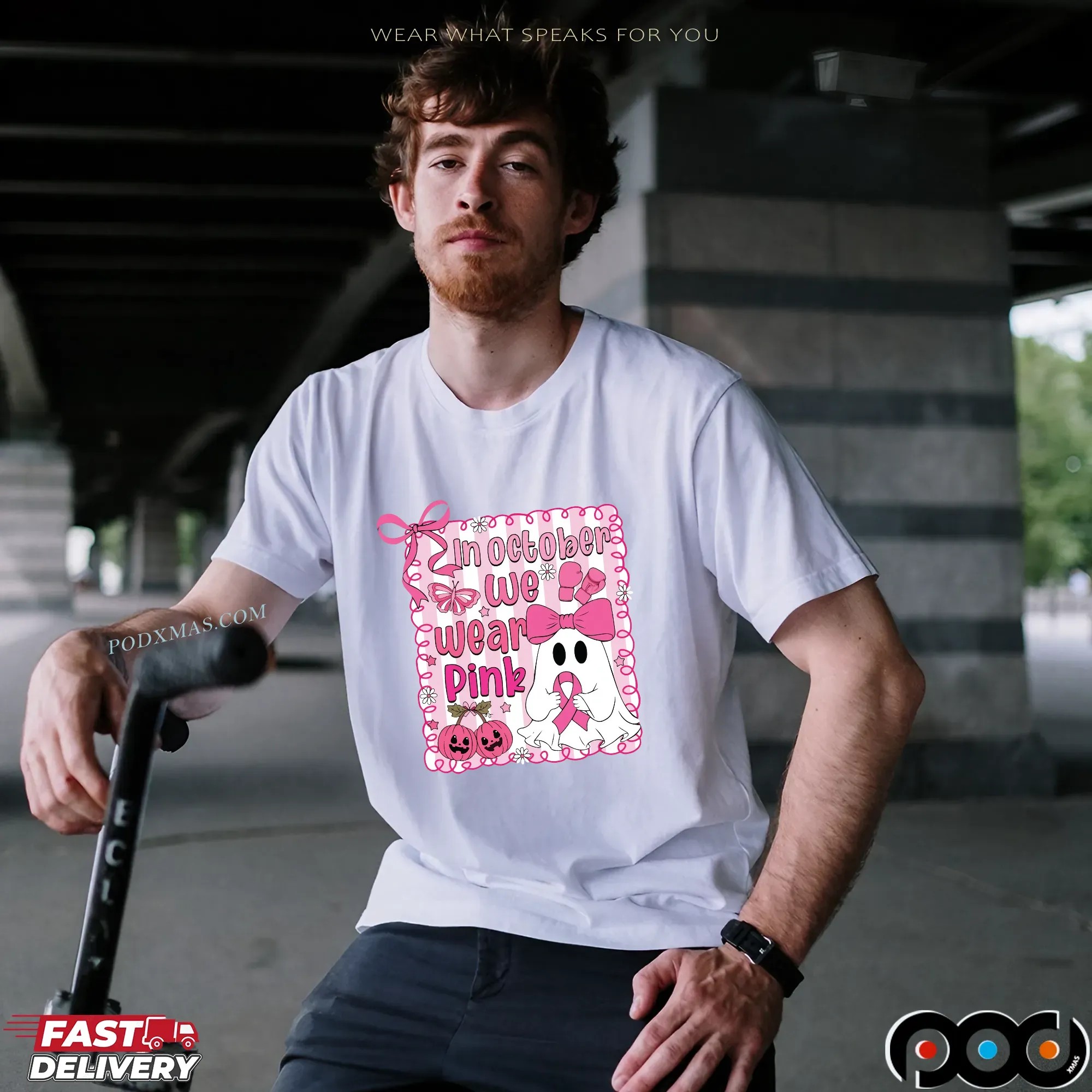 In October We Wear Pink Breast Cancer Awareness Halloween Pink Ghost Shirt