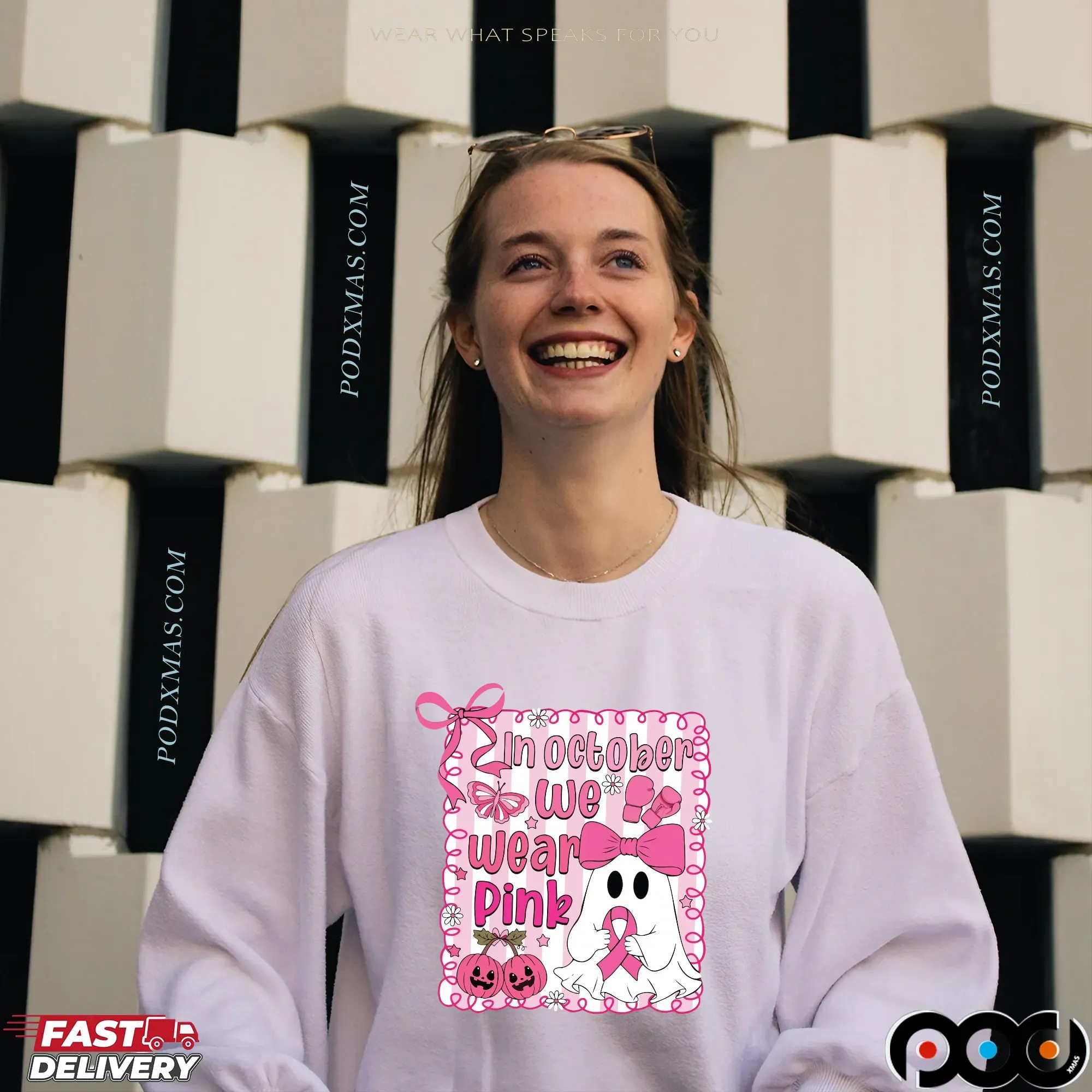 In October We Wear Pink Breast Cancer Awareness Halloween Pink Ghost Shirt