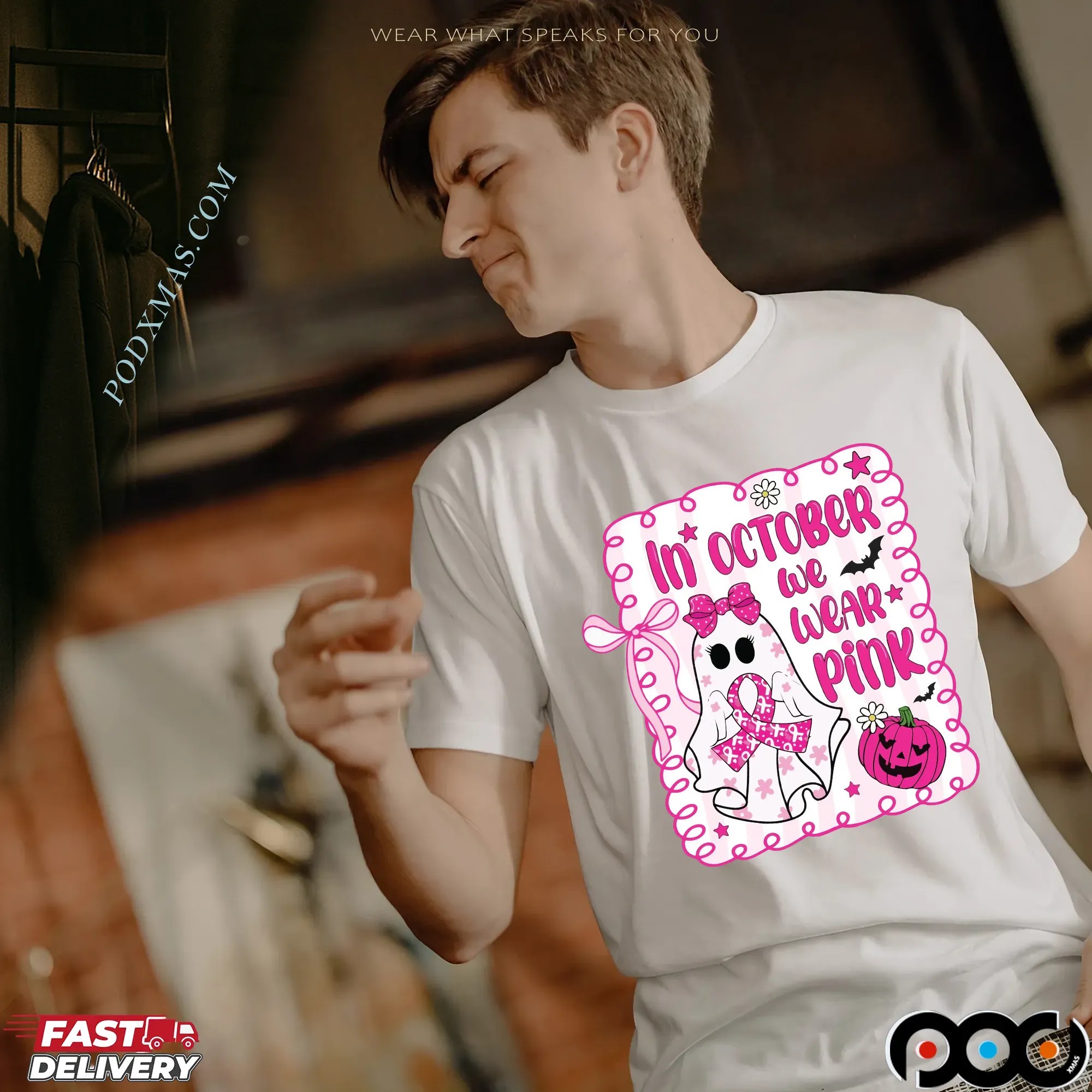 In October We Wear Pink Breast Cancer Awareness Halloween Pink Ghost T Shirt