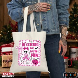 In October We Wear Pink Breast Cancer Awareness Halloween Pink Ghost T Shirt