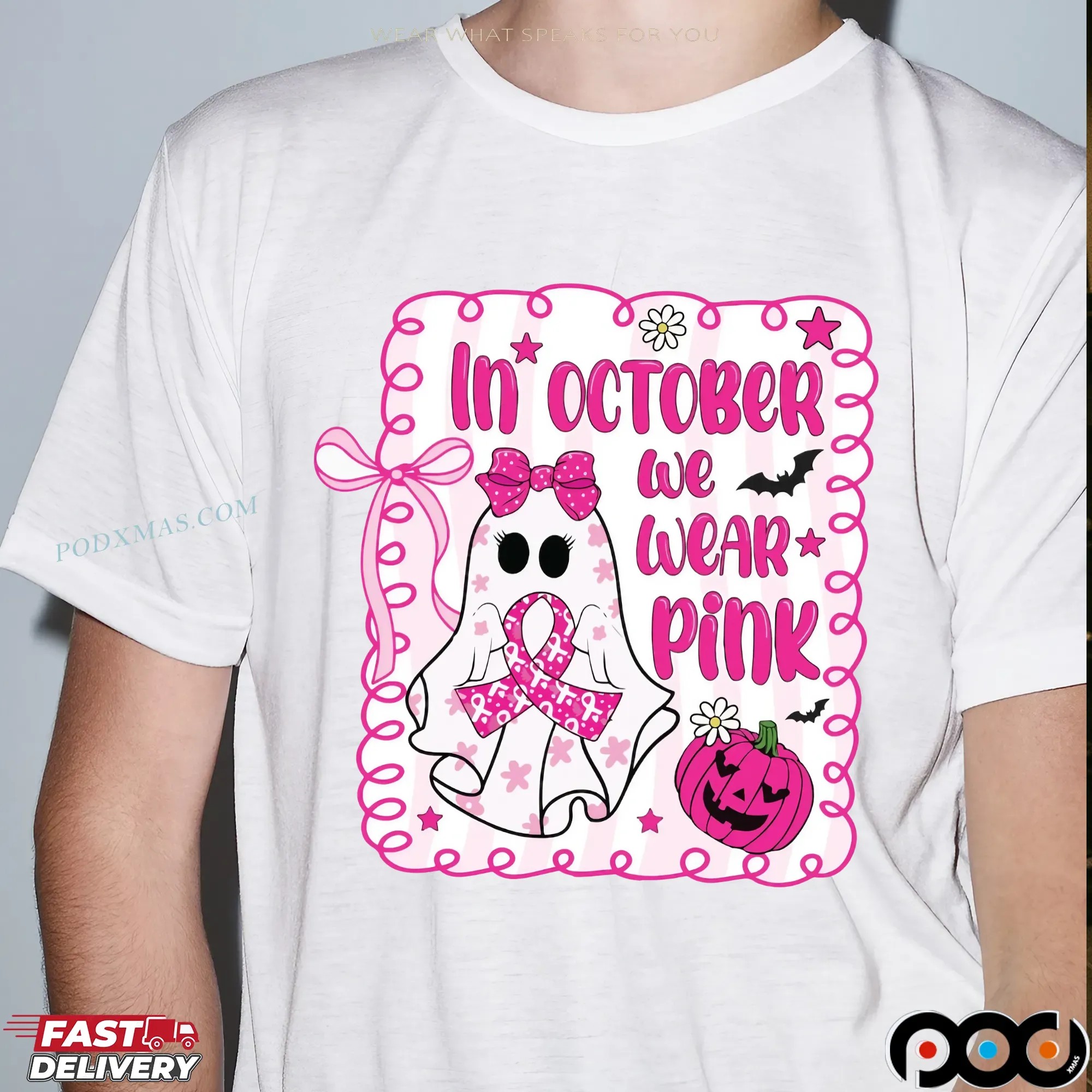 In October We Wear Pink Breast Cancer Awareness Halloween Pink Ghost T Shirt