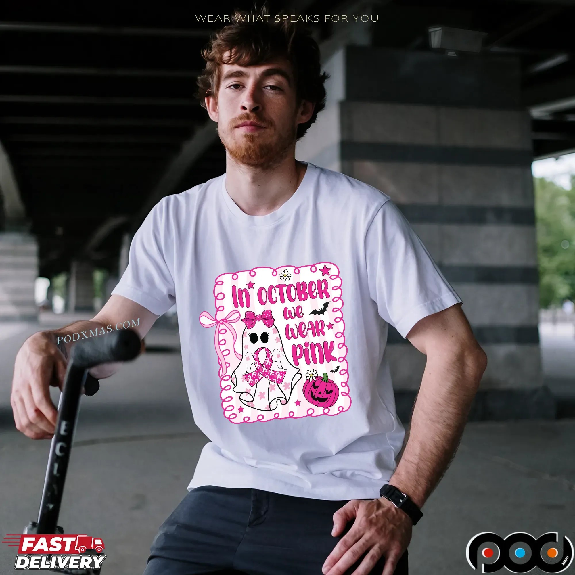 In October We Wear Pink Breast Cancer Awareness Halloween Pink Ghost T Shirt