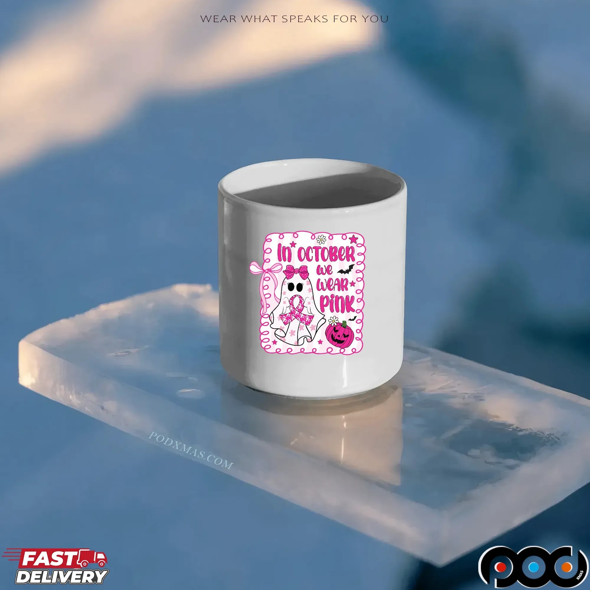 In October We Wear Pink Breast Cancer Awareness Halloween Pink Ghost T Shirt