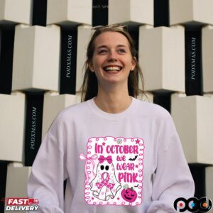 In October We Wear Pink Breast Cancer Awareness Halloween Pink Ghost T Shirt