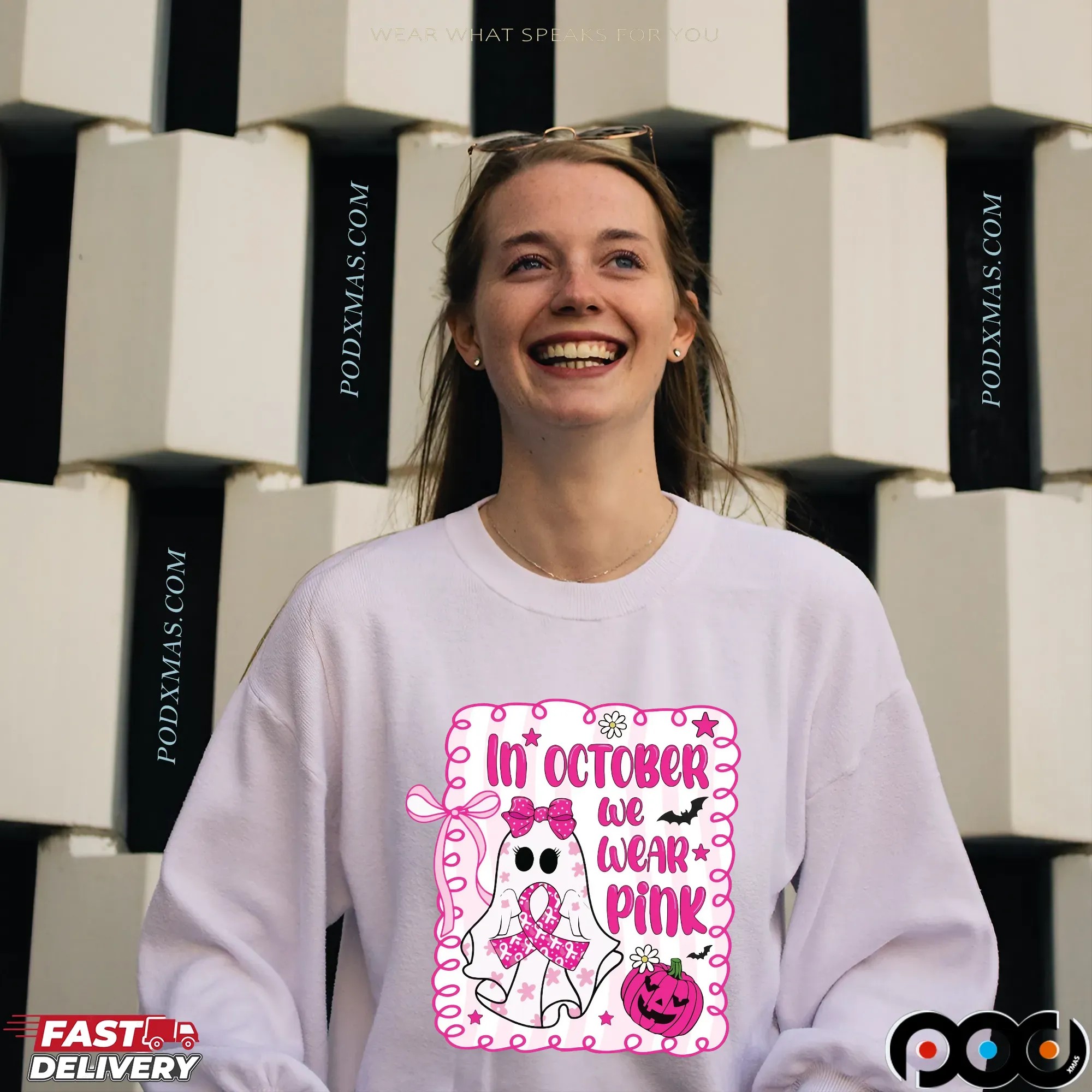 In October We Wear Pink Breast Cancer Awareness Halloween Pink Ghost T Shirt