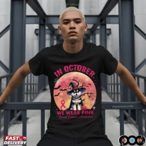 In October We Wear Pink Breast Cancer Awarness Husky Halloween T Shirt