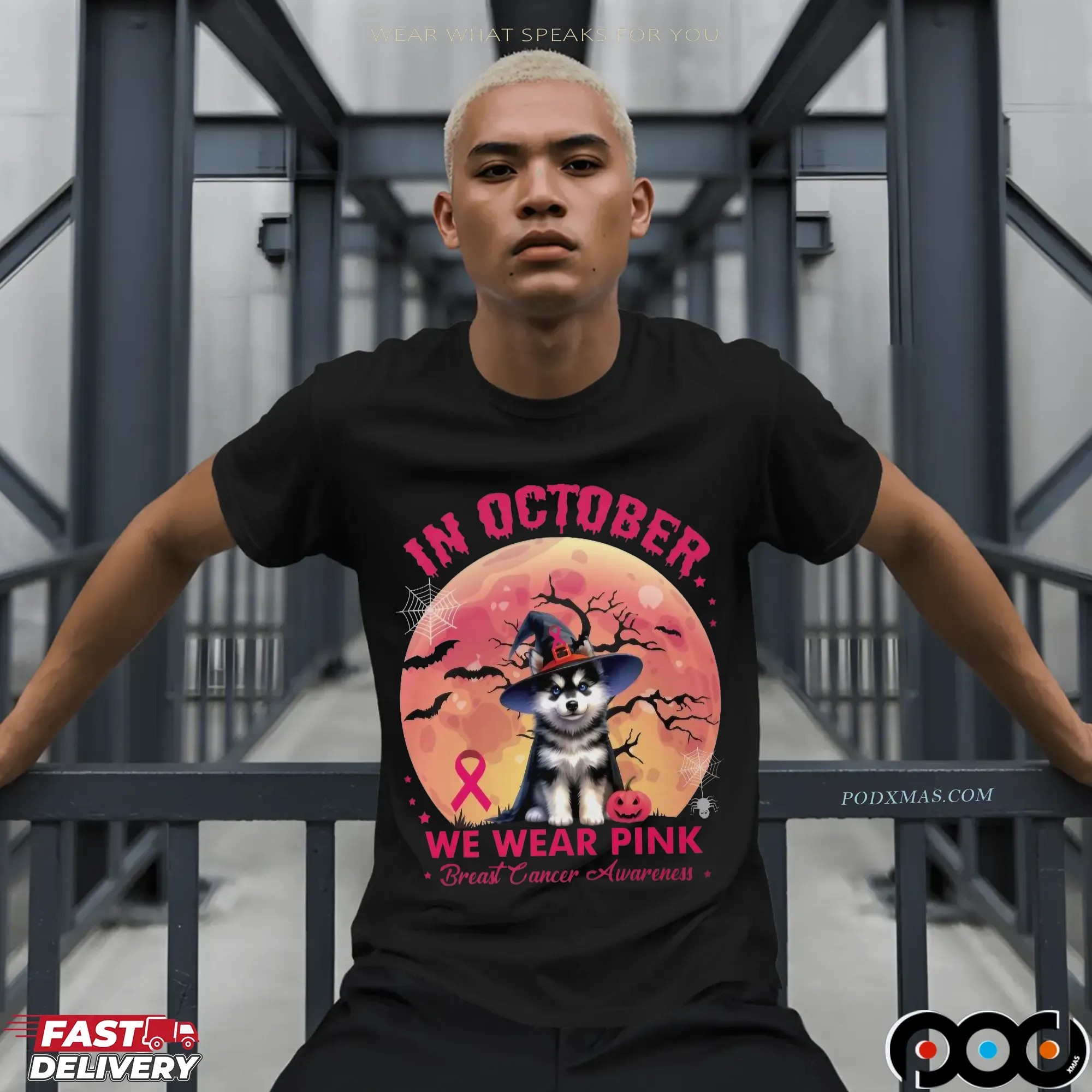 In October We Wear Pink Breast Cancer Awarness Husky Halloween T Shirt