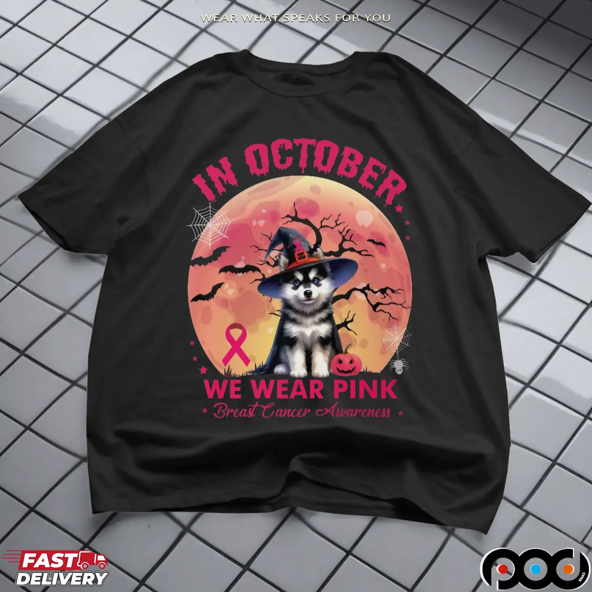 In October We Wear Pink Breast Cancer Awarness Husky Halloween T Shirt
