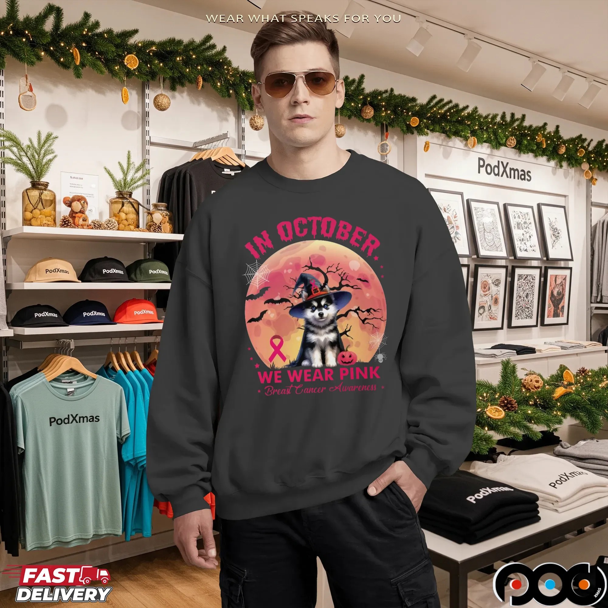 In October We Wear Pink Breast Cancer Awarness Husky Halloween T Shirt