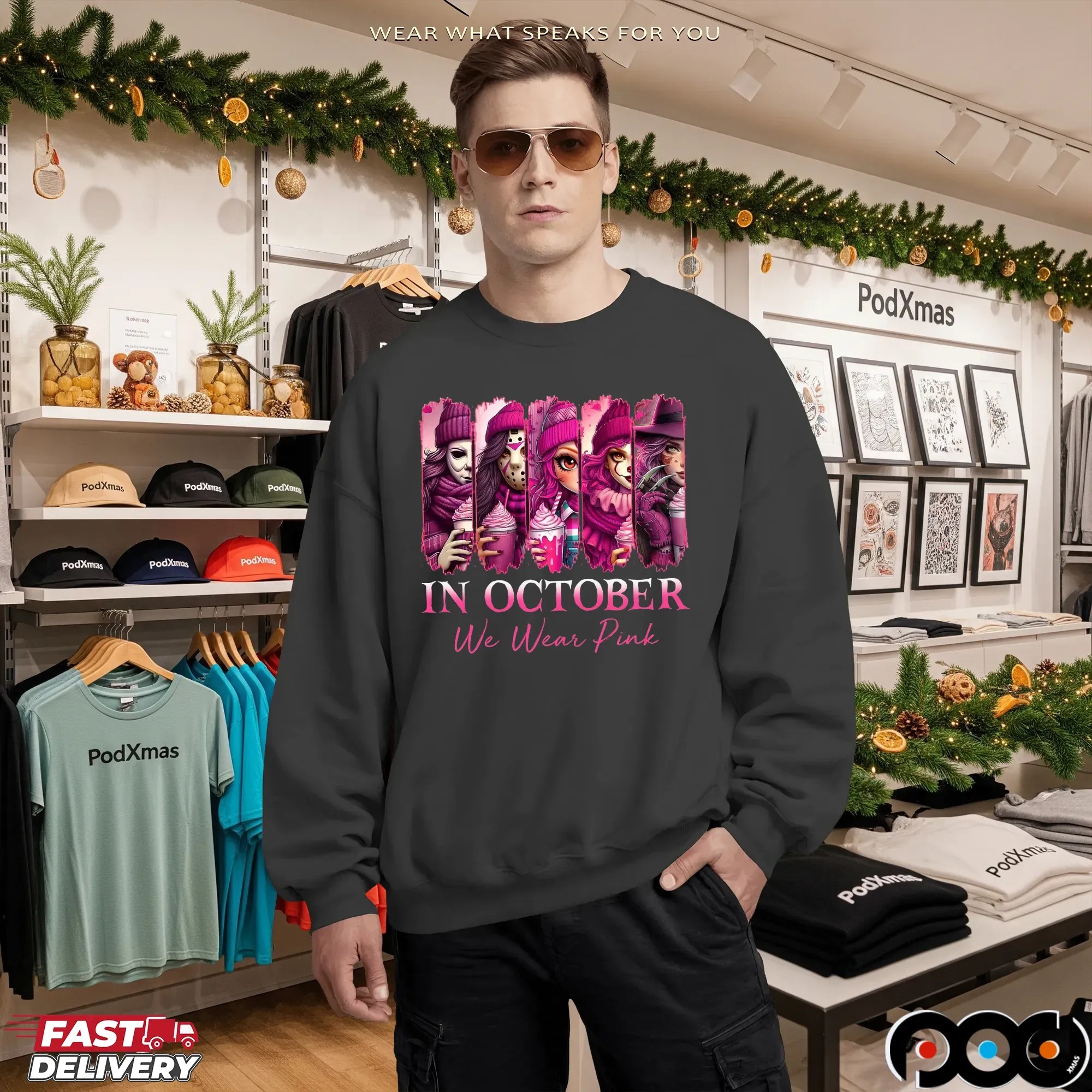 In October We Wear Pink, Breast Cancer Survivor, Pink Breast Cancer,Horror Movie Pink, Pink Slasher Movie,Friends Horror Shirt