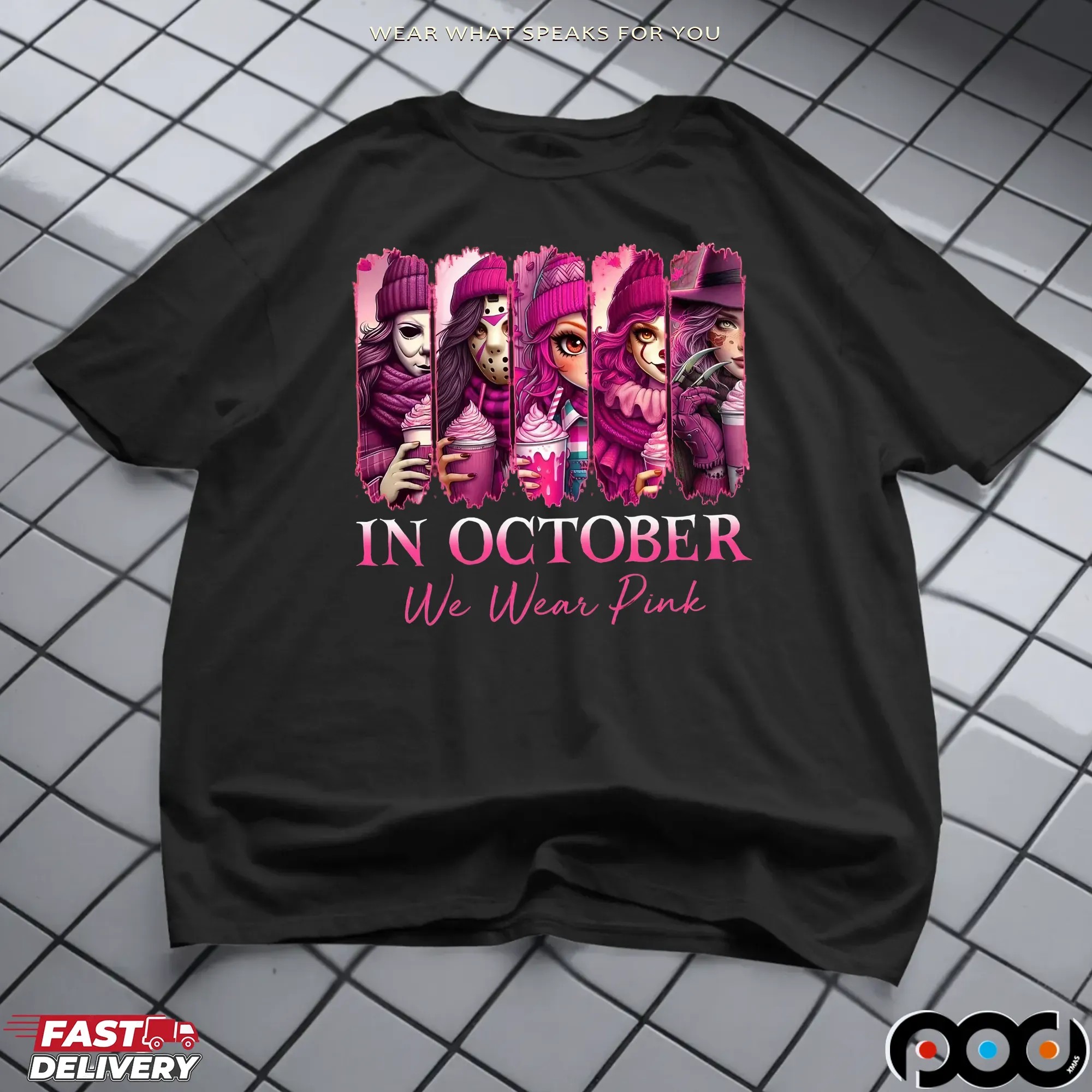 In October We Wear Pink, Breast Cancer Survivor, Pink Breast Cancer,Horror Movie Pink, Pink Slasher Movie,Friends Horror Shirt