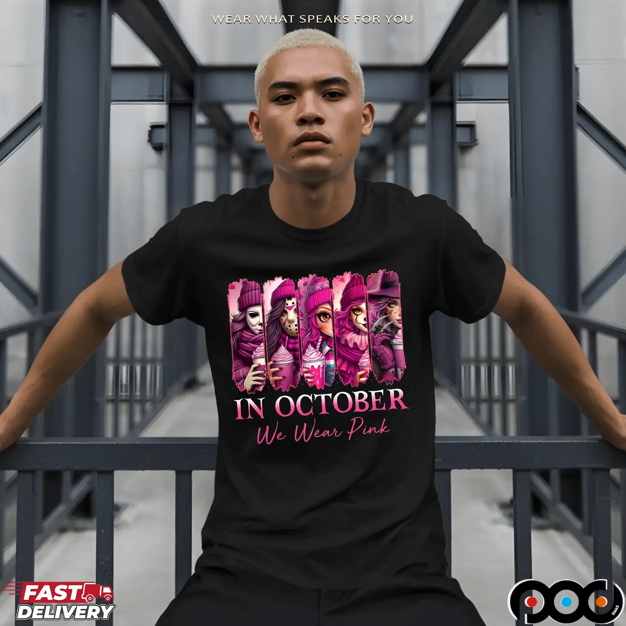 In October We Wear Pink, Breast Cancer Survivor, Pink Breast Cancer,Horror Movie Pink, Pink Slasher Movie,Friends Horror Shirt