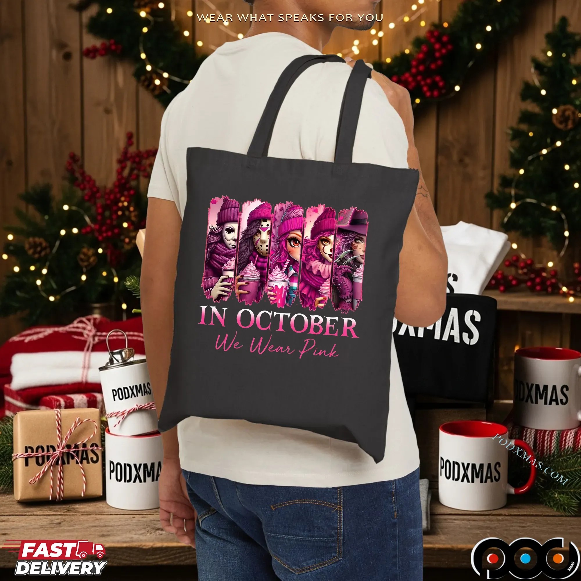 In October We Wear Pink, Breast Cancer Survivor, Pink Breast Cancer,Horror Movie Pink, Pink Slasher Movie,Friends Horror Shirt