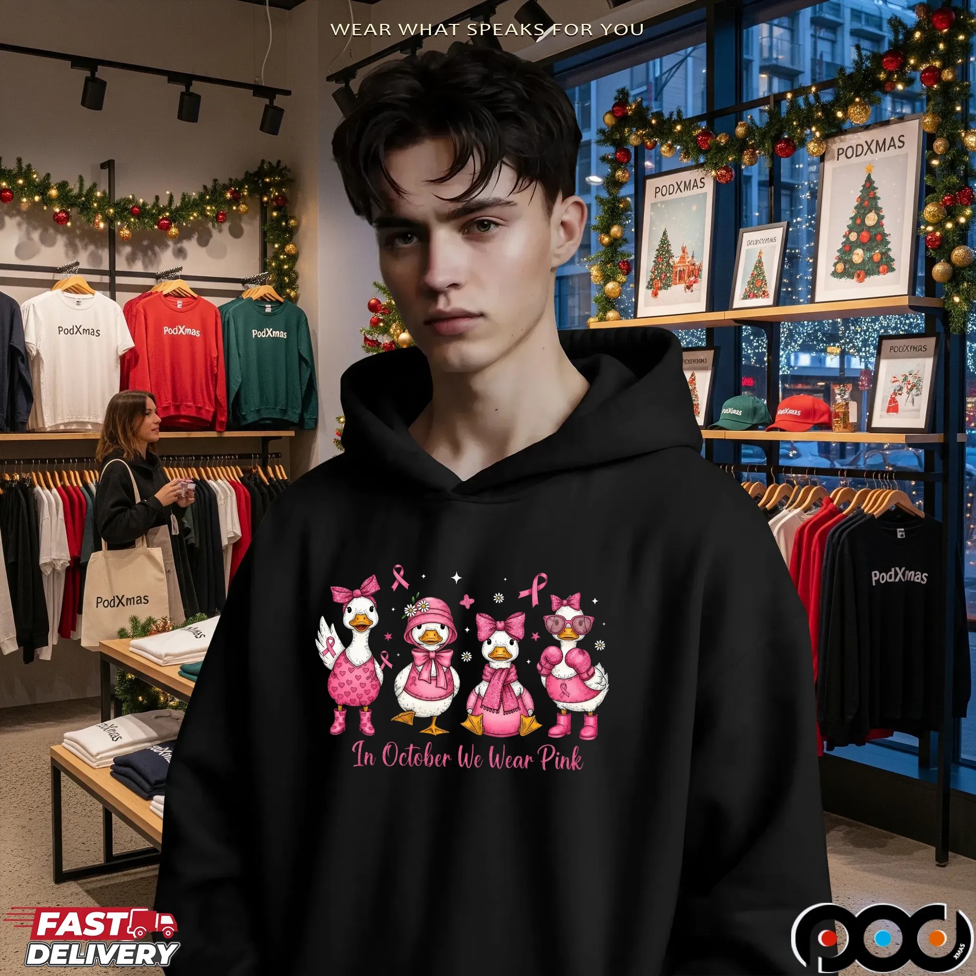 In October We Wear Pink Goose Preppy Breast Cancer Awareness Halloween T Shirt