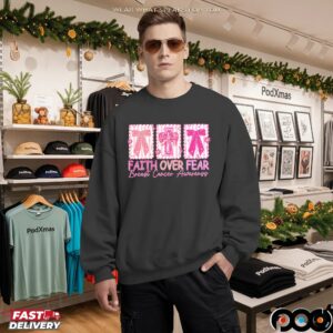 Jesus Cross Coquette, Retro Checkered Faith Over Fear, Pink Ribbon, Heal Cancer, Breast Cancer, Cancer Brushstrokes T Shirt