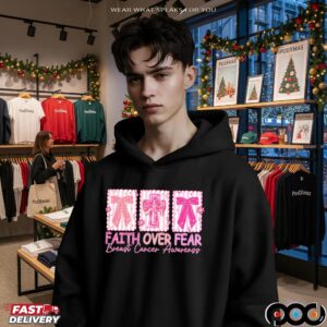 Jesus Cross Coquette, Retro Checkered Faith Over Fear, Pink Ribbon, Heal Cancer, Breast Cancer, Cancer Brushstrokes T Shirt