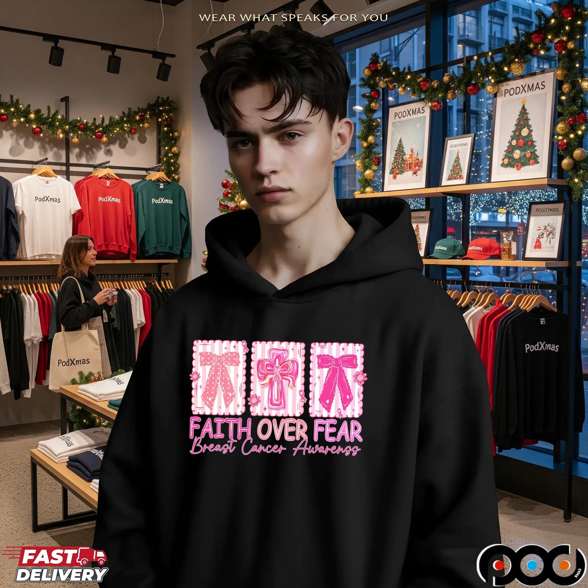 Jesus Cross Coquette, Retro Checkered Faith Over Fear, Pink Ribbon, Heal Cancer, Breast Cancer, Cancer Brushstrokes T Shirt