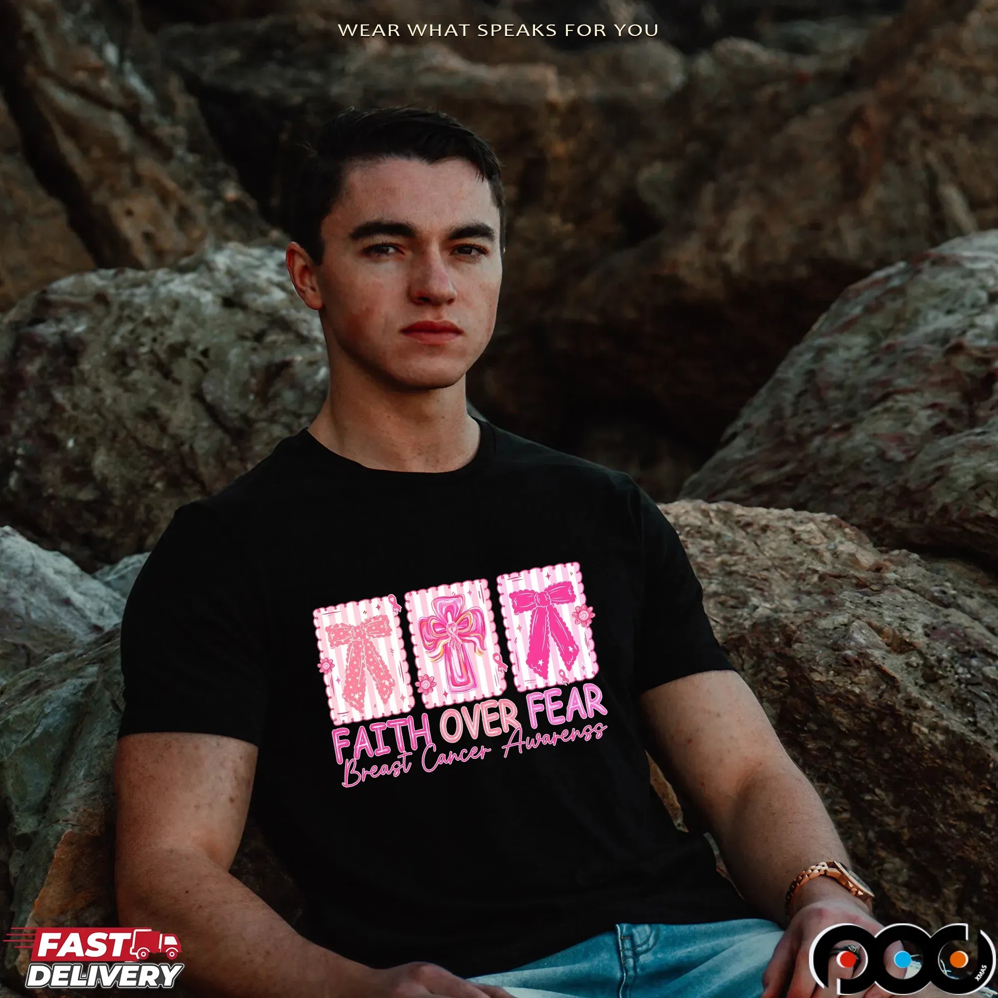 Jesus Cross Coquette, Retro Checkered Faith Over Fear, Pink Ribbon, Heal Cancer, Breast Cancer, Cancer Brushstrokes T Shirt