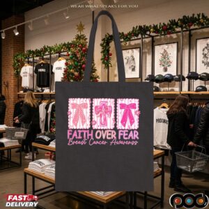 Jesus Cross Coquette, Retro Checkered Faith Over Fear, Pink Ribbon, Heal Cancer, Breast Cancer, Cancer Brushstrokes T Shirt