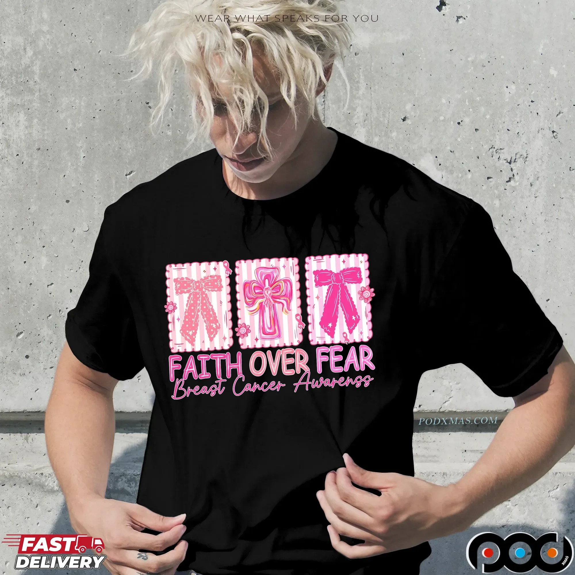 Jesus Cross Coquette, Retro Checkered Faith Over Fear, Pink Ribbon, Heal Cancer, Breast Cancer, Cancer Brushstrokes T Shirt
