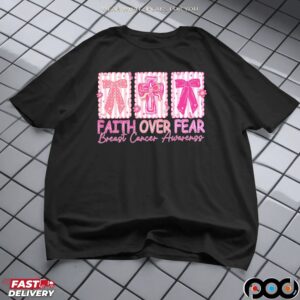 Jesus Cross Coquette, Retro Checkered Faith Over Fear, Pink Ribbon, Heal Cancer, Breast Cancer, Cancer Brushstrokes T Shirt