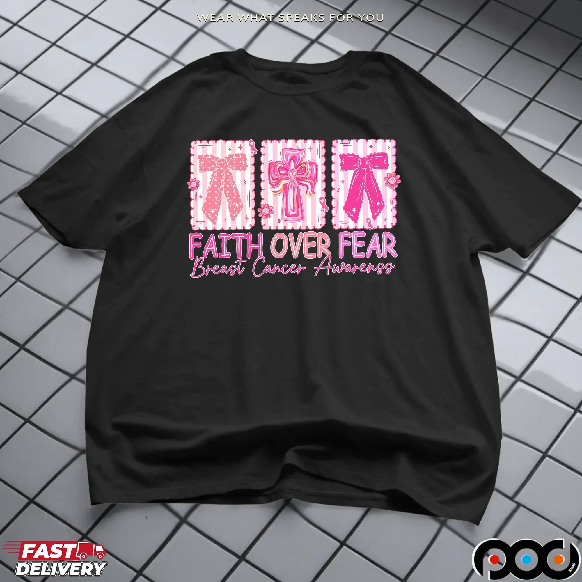 Jesus Cross Coquette, Retro Checkered Faith Over Fear, Pink Ribbon, Heal Cancer, Breast Cancer, Cancer Brushstrokes T Shirt
