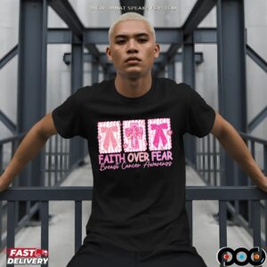Jesus Cross Coquette, Retro Checkered Faith Over Fear, Pink Ribbon, Heal Cancer, Breast Cancer, Cancer Brushstrokes T Shirt