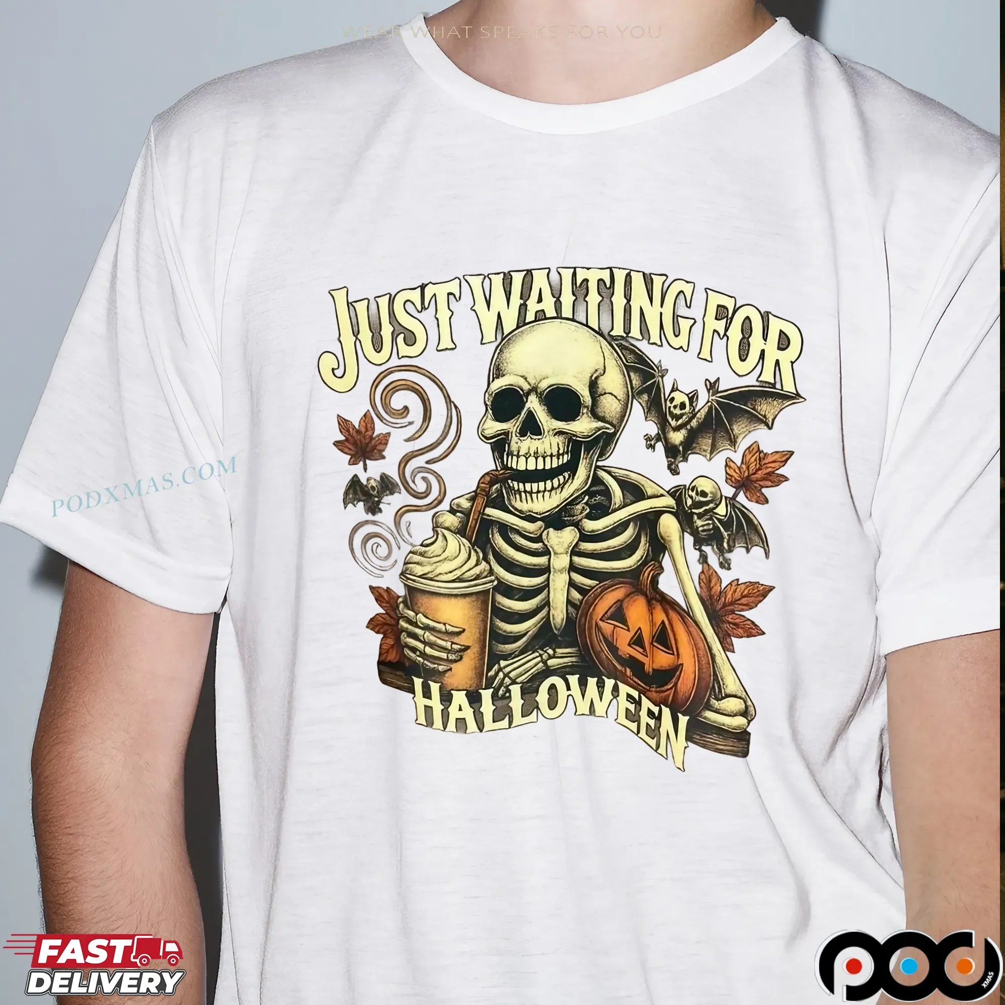 Just Waiting For Halloween Skeleton Coffee T Shirt