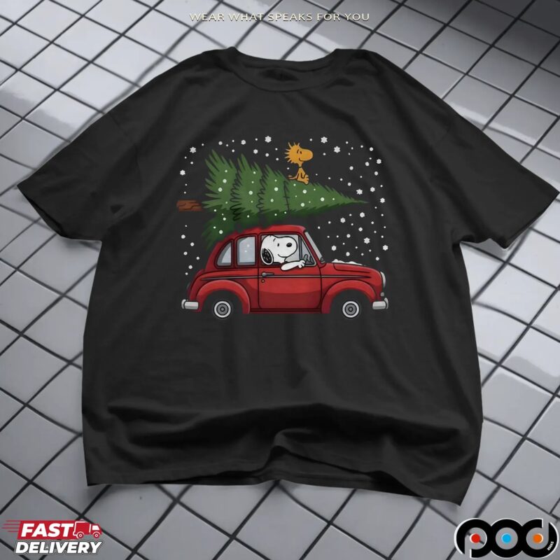 Snoopy Driving Car With Woodstock And Christmas Tree 2025 Christmas Peanuts Holiday T Shirt