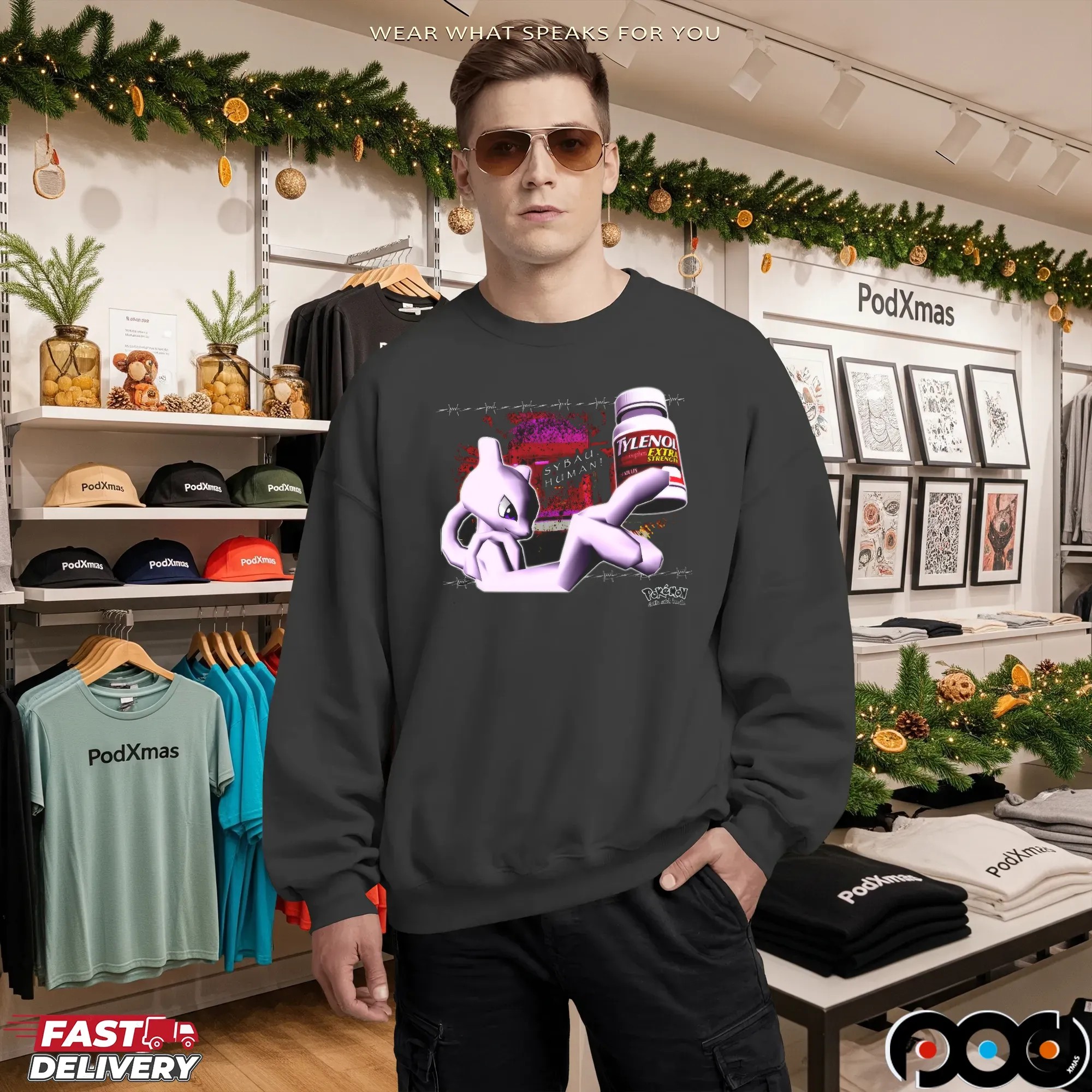 Mewtwo Holding Tylenol Edgy Glitchcore Pokémon Parody T Shirt
