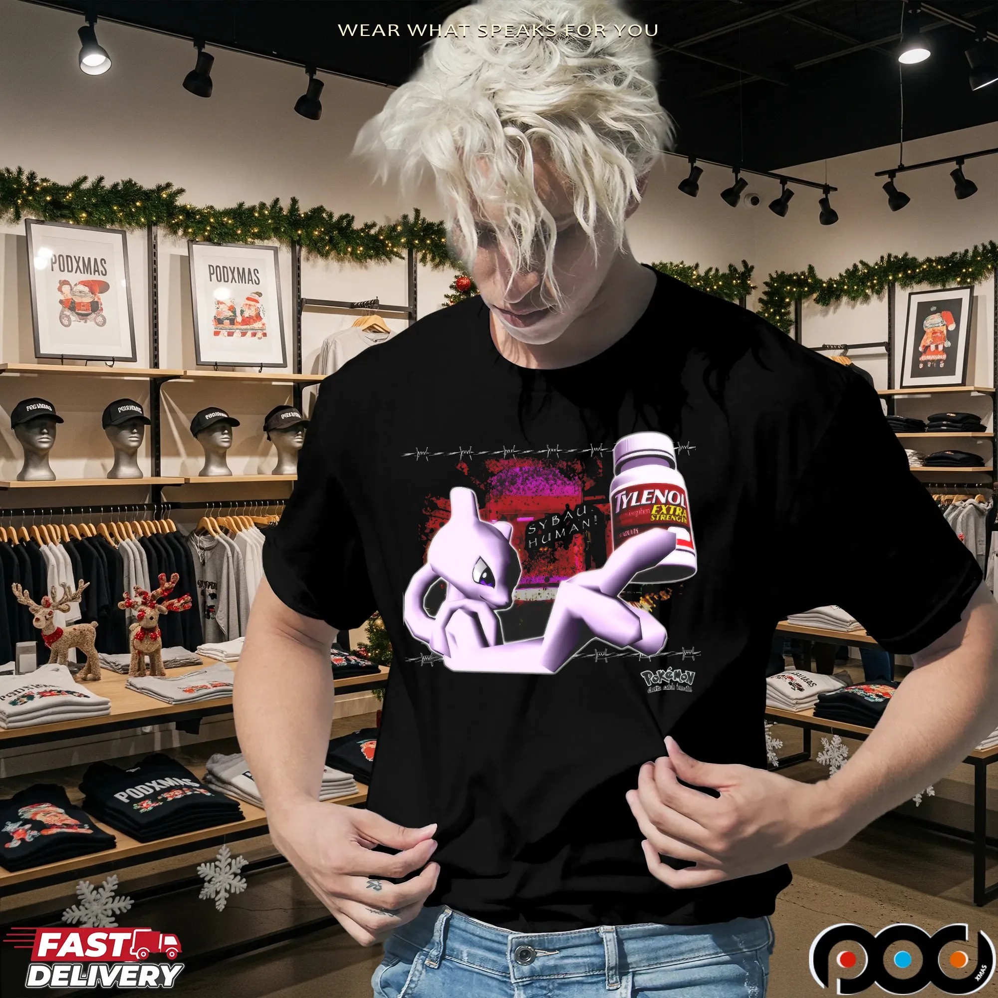 Mewtwo Holding Tylenol Edgy Glitchcore Pokémon Parody T Shirt