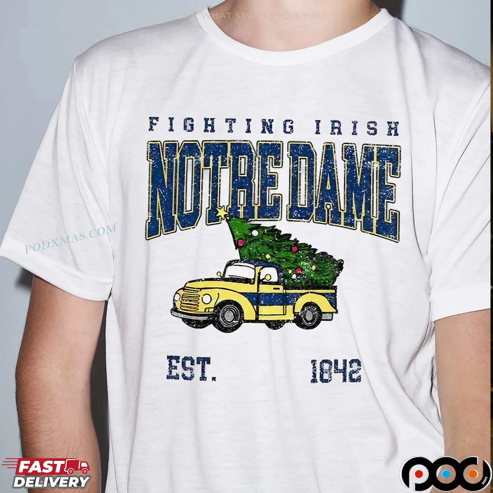 Notre Dame Fighting Irish Football Christmas Tree Truck Est 1842 Merry Christmas T Shirt