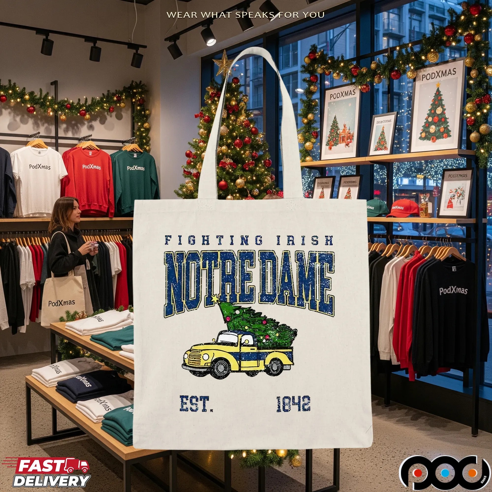 Notre Dame Fighting Irish Football Christmas Tree Truck Est 1842 Merry Christmas T Shirt