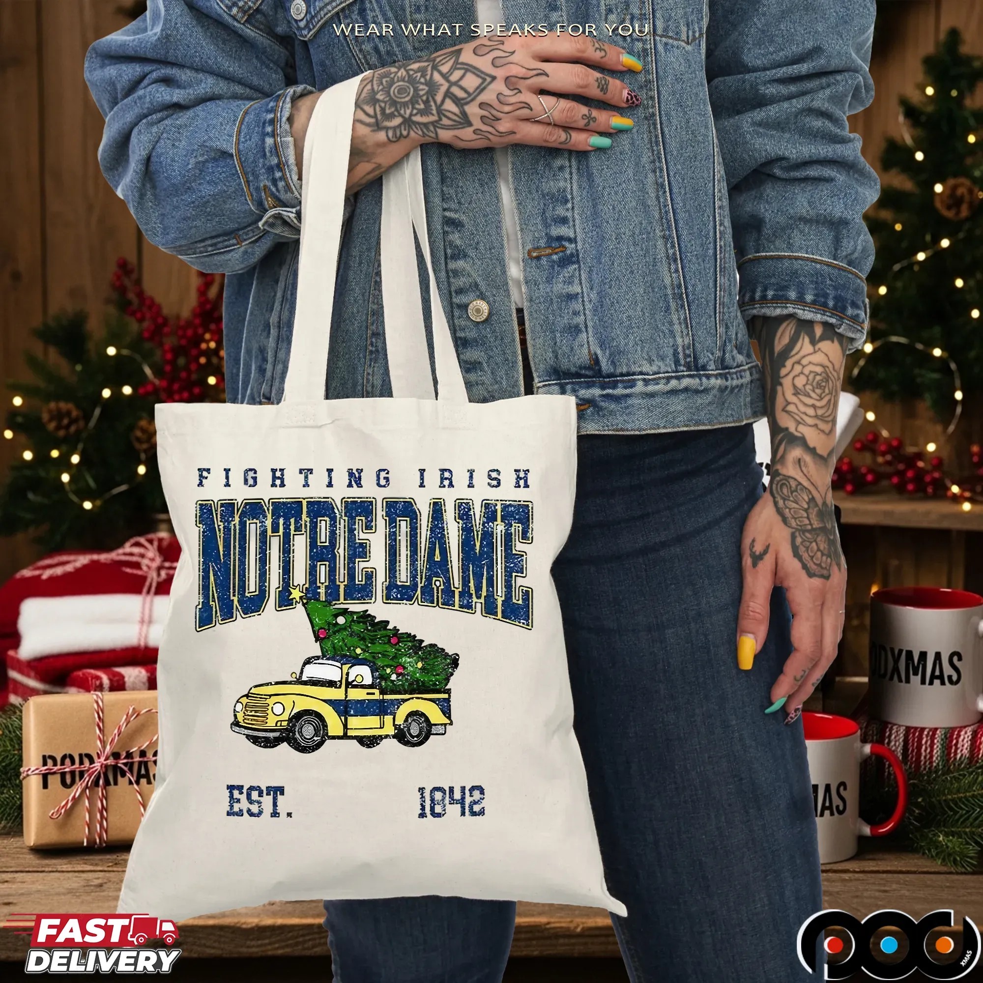 Notre Dame Fighting Irish Football Christmas Tree Truck Est 1842 Merry Christmas T Shirt