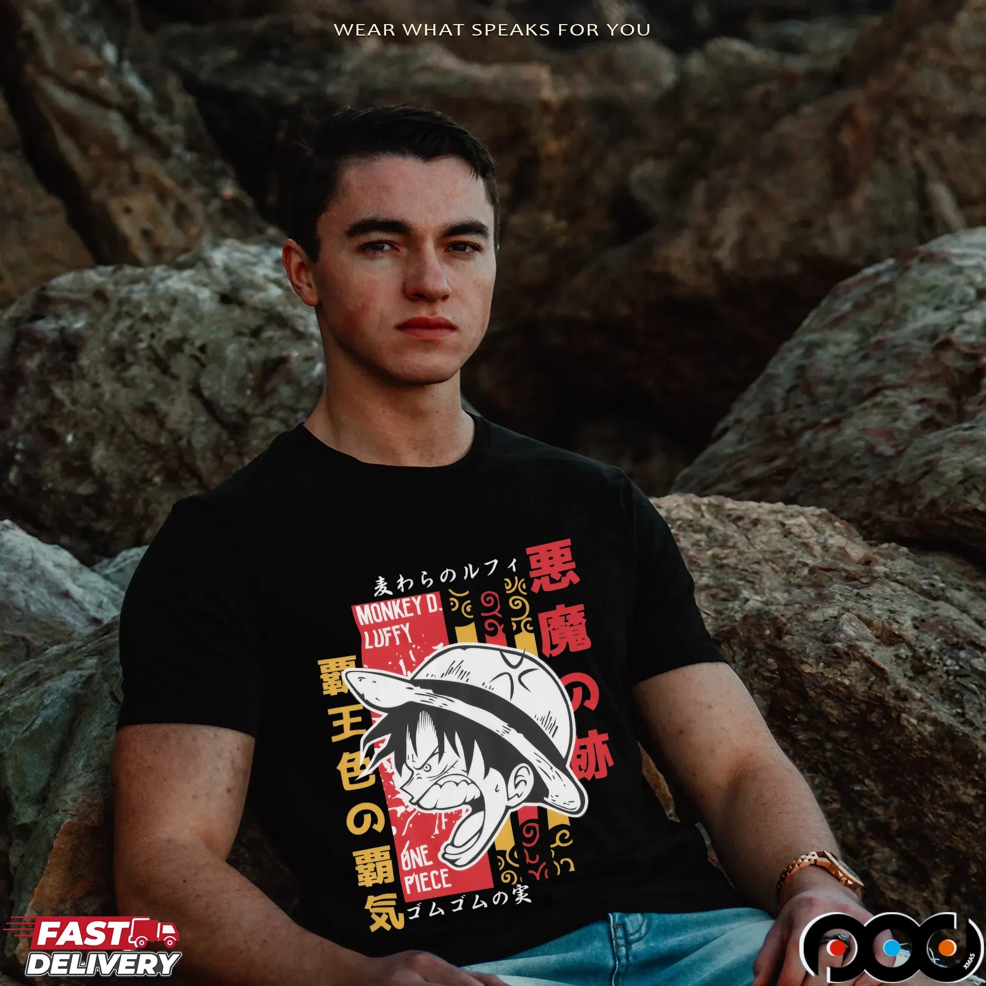 One Piece Luffy Scream Japanese Text Graphic T Shirt