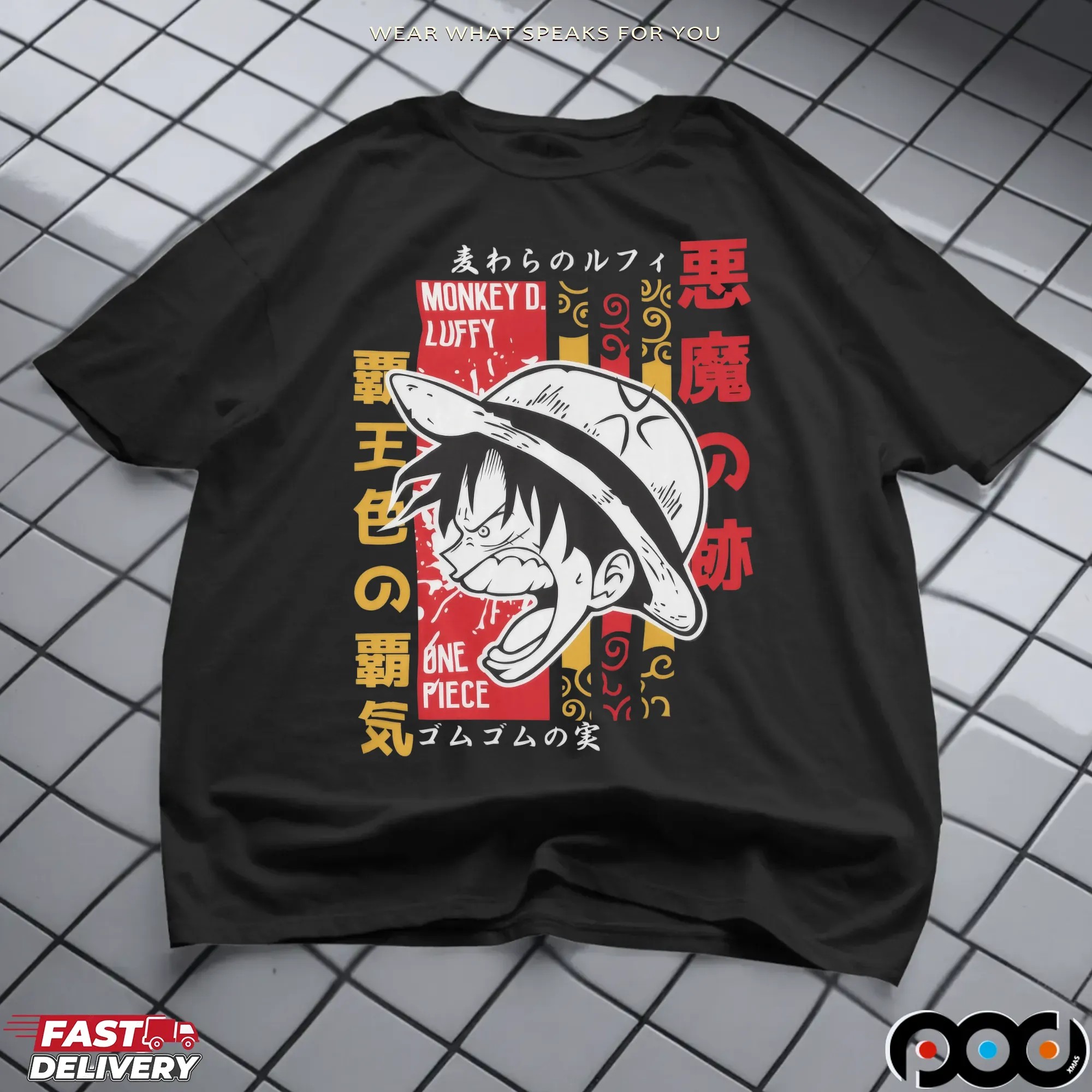 One Piece Luffy Scream Japanese Text Graphic T Shirt