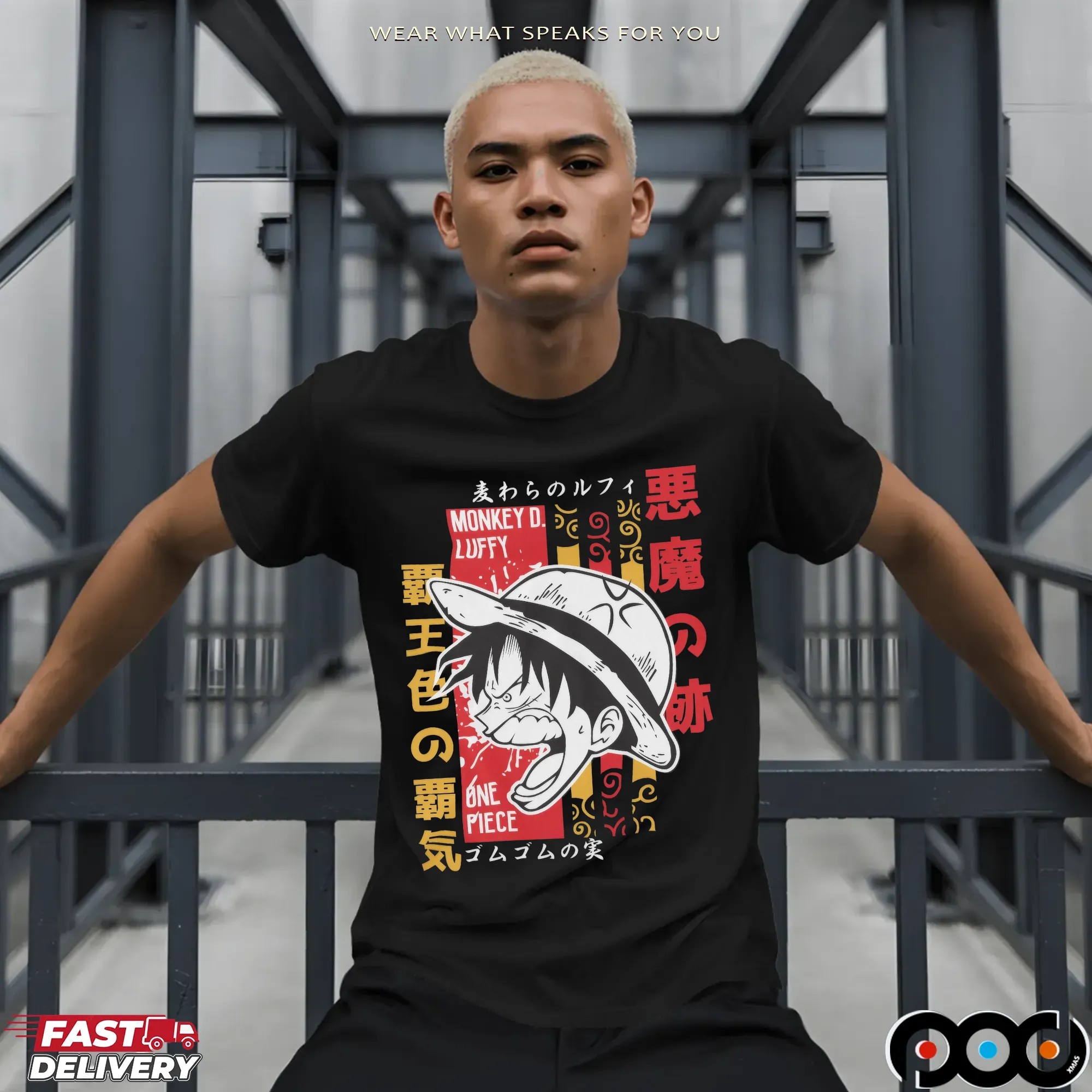 One Piece Luffy Scream Japanese Text Graphic T Shirt