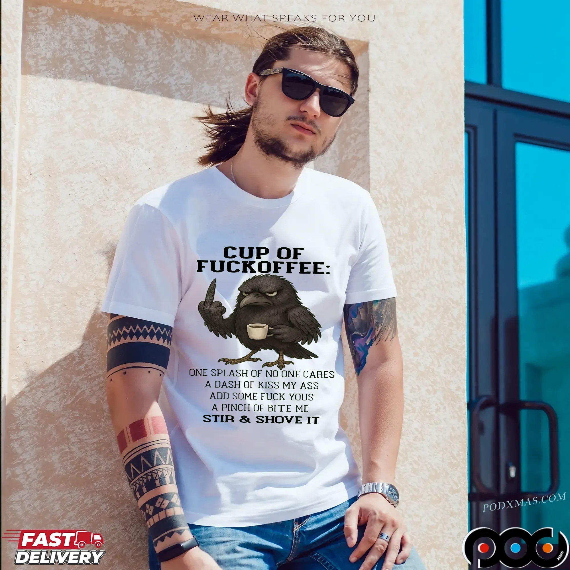 Raven Cup Of Fuckoffee One Splash Of No One Cares A Dash Of Kiss My Ass Add Some Fuck Yous A Pinch Of Bite Me Stir and Shove It T Shirt