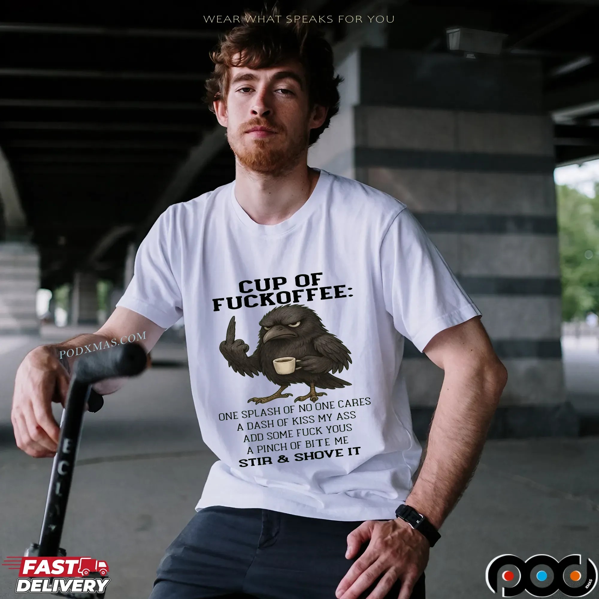 Raven Cup Of Fuckoffee One Splash Of No One Cares A Dash Of Kiss My Ass Add Some Fuck Yous A Pinch Of Bite Me Stir and Shove It T Shirt
