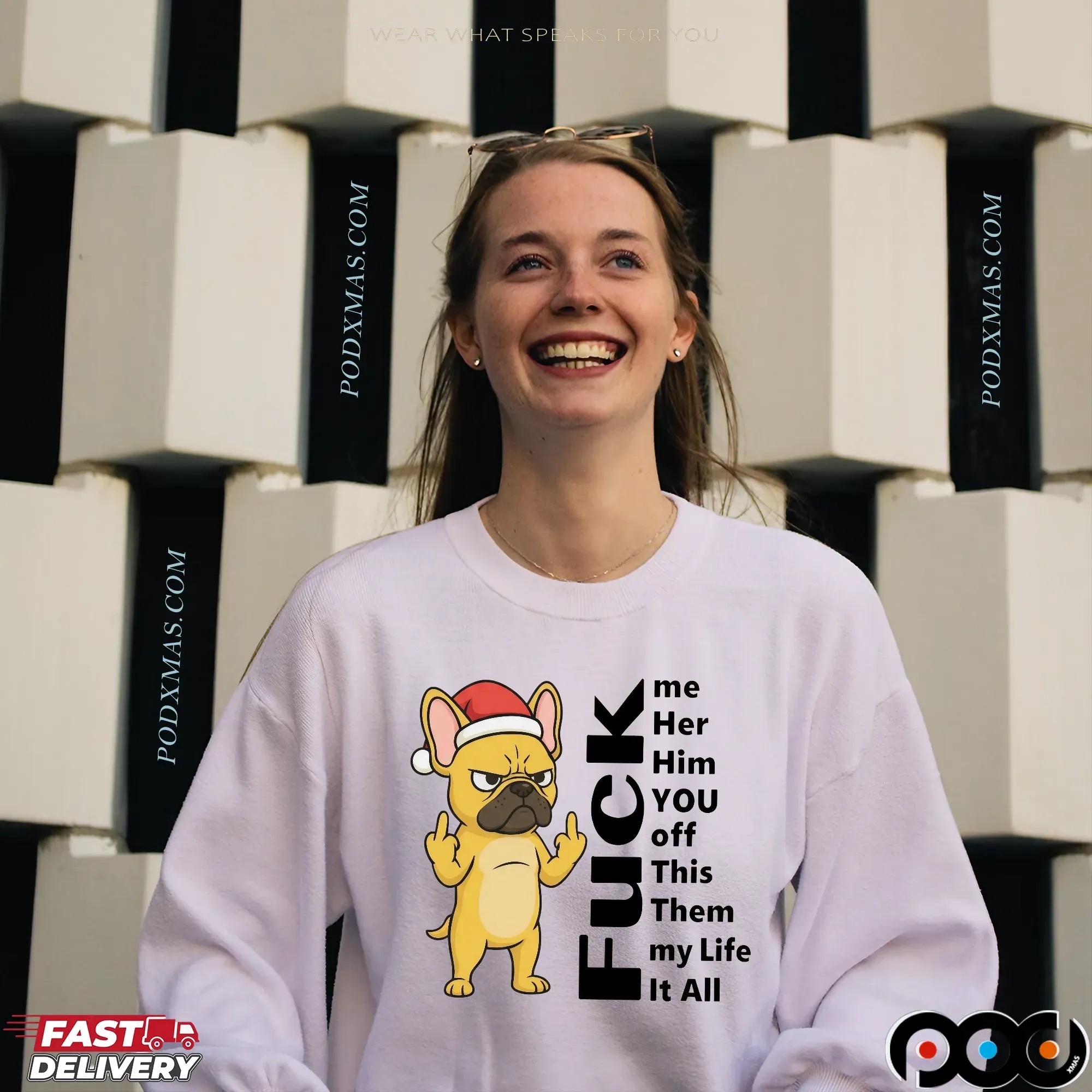 Santa Bulldog Christmas Fuck Me Her Him You Off Them My Life It All T Shirt