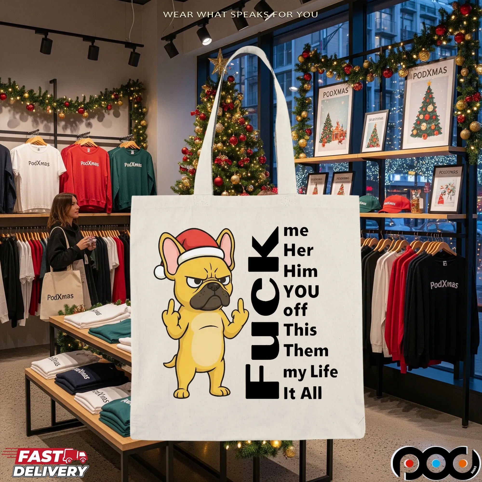 Santa Bulldog Christmas Fuck Me Her Him You Off Them My Life It All T Shirt