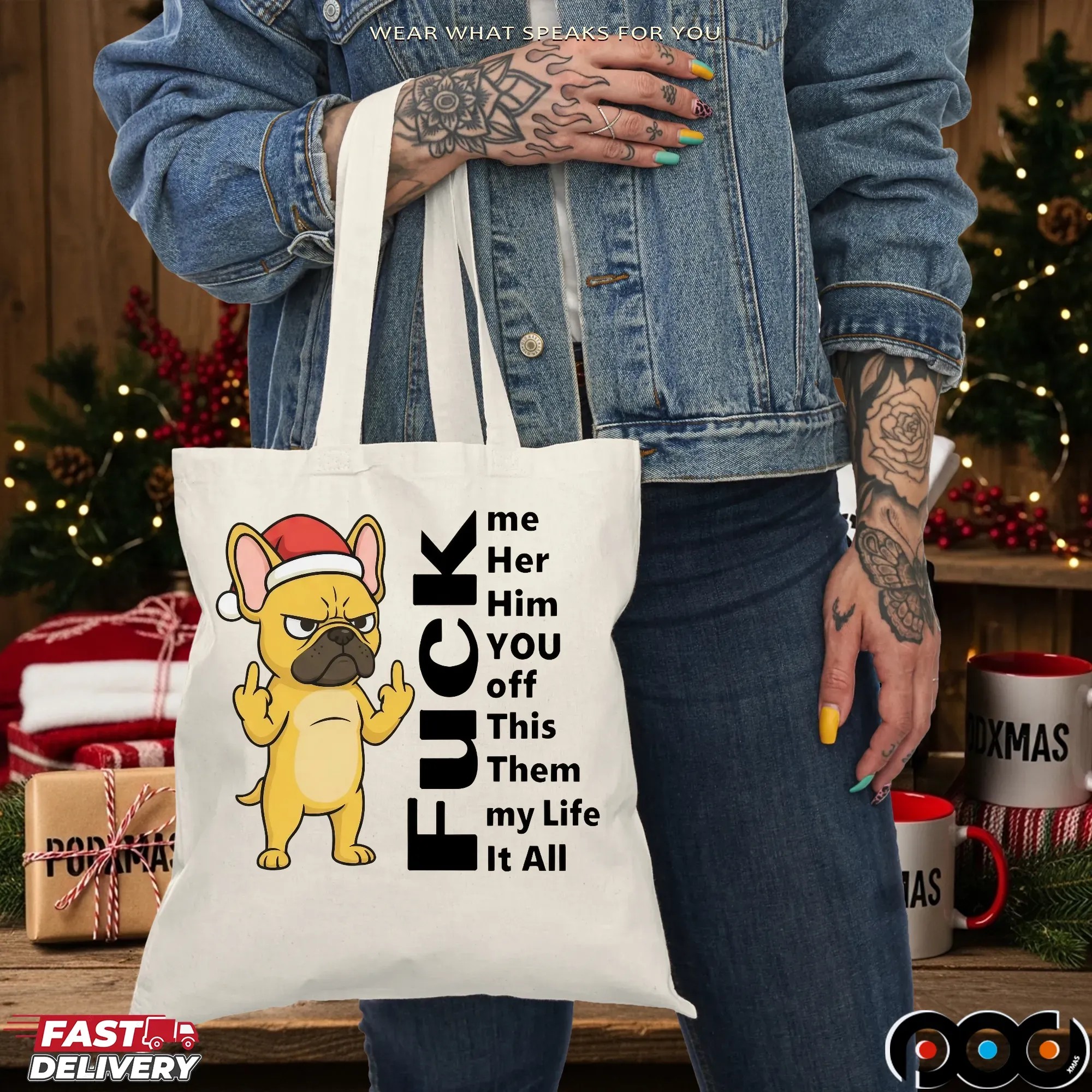 Santa Bulldog Christmas Fuck Me Her Him You Off Them My Life It All T Shirt