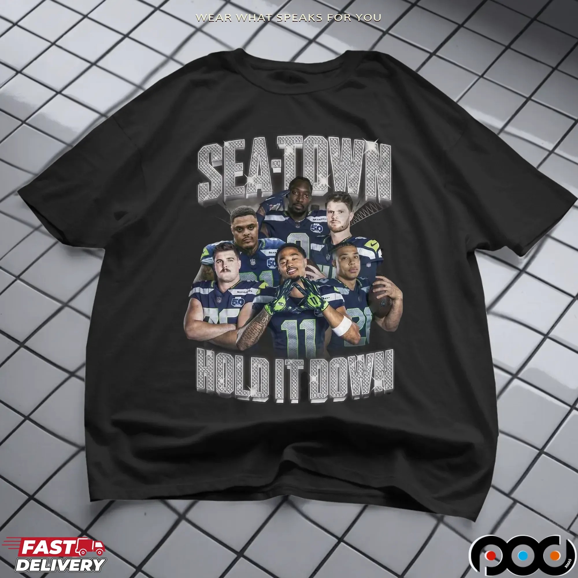 Seahawks Sea Town Hold It Down Blinged Out Vintage Bootleg T Shirt