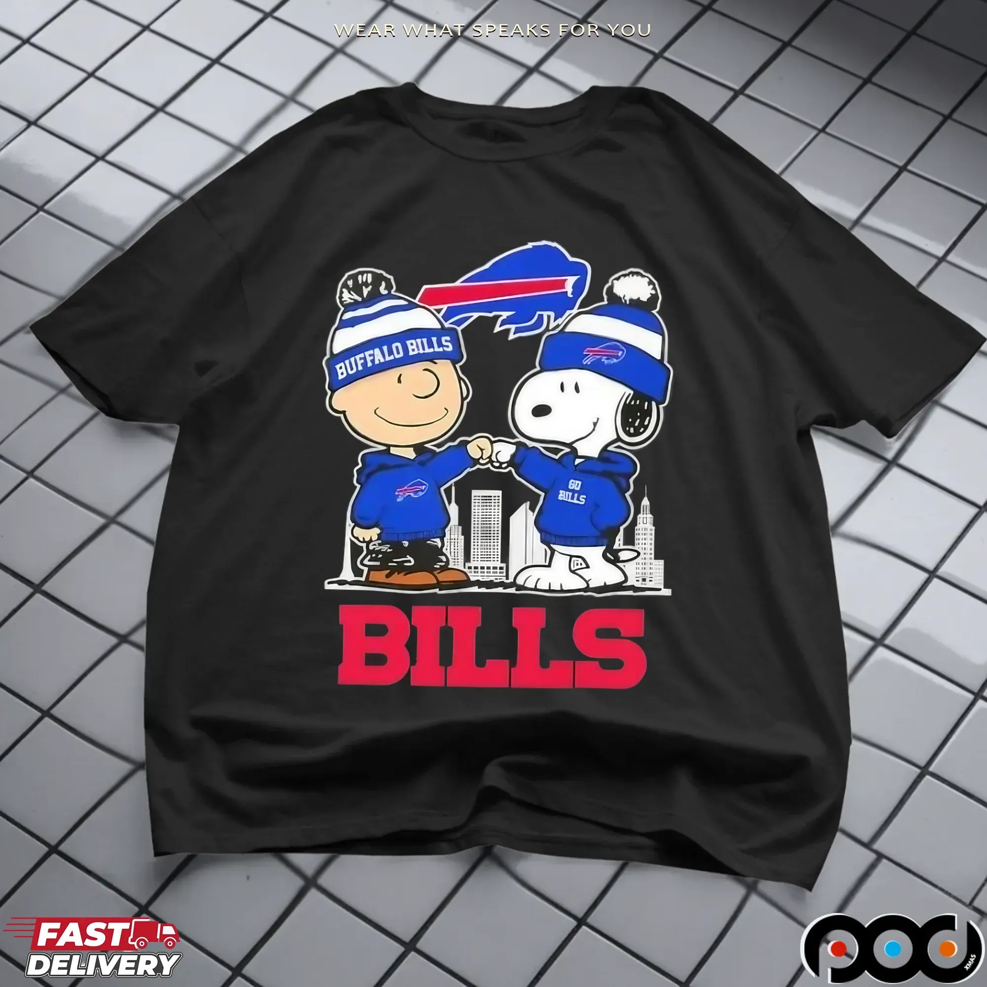 Snoopy And Charlie Brown Buffalo Bills Football Skyline Cartoon Mashup T Shirt