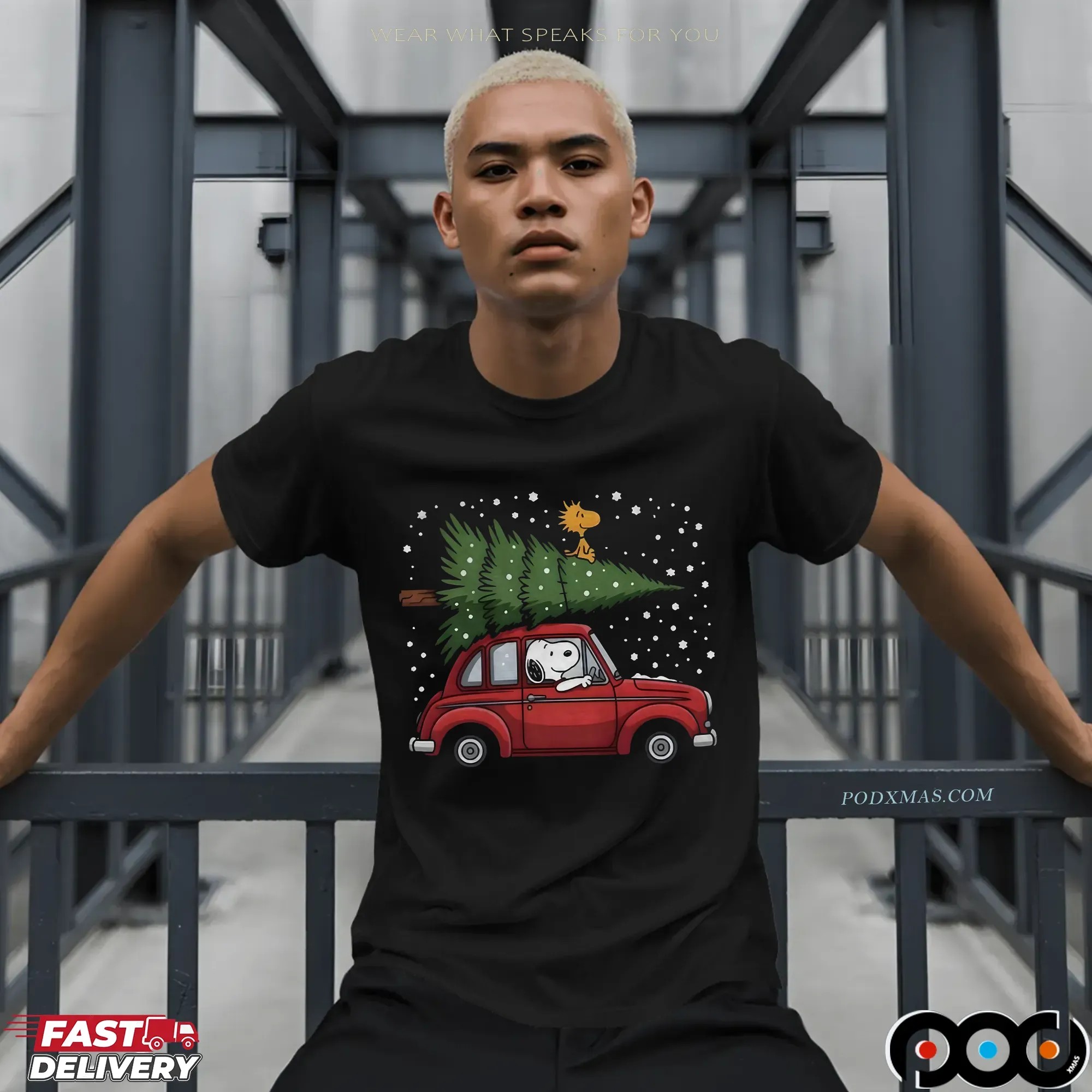 Snoopy Driving Car With Woodstock And Christmas Tree 2025 Christmas Peanuts Holiday T Shirt