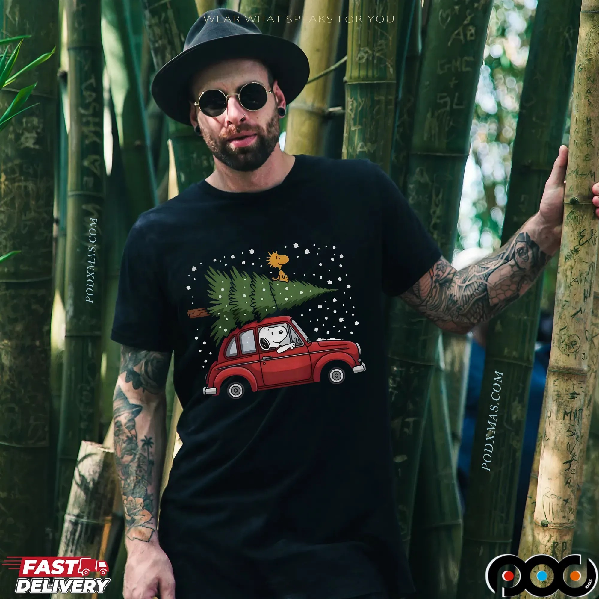 Snoopy Driving Car With Woodstock And Christmas Tree 2025 Christmas Peanuts Holiday T Shirt