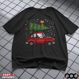 Snoopy Driving Car With Woodstock And Christmas Tree 2025 Christmas Peanuts Holiday T Shirt