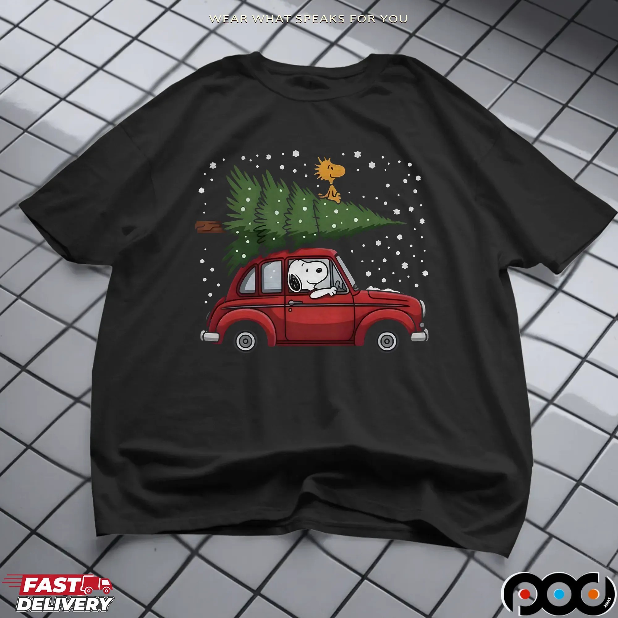 Snoopy Driving Car With Woodstock And Christmas Tree 2025 Christmas Peanuts Holiday T Shirt