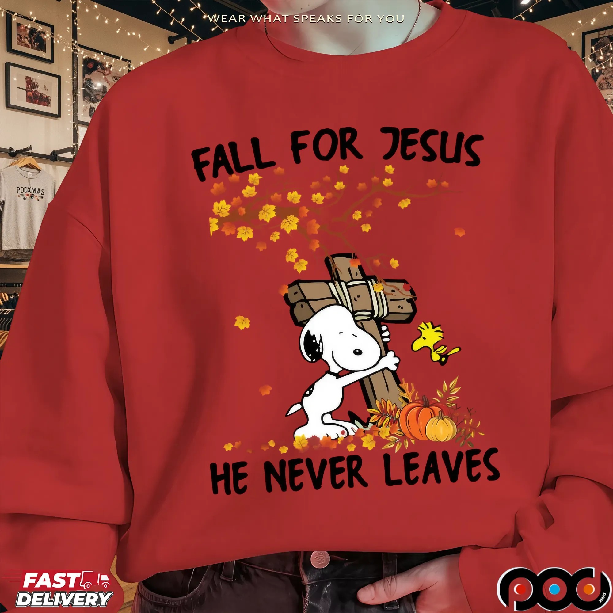Snoopy Fall For Jesus He Never Leave Christian Halloween T Shirt